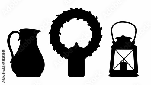 Silhouette of a pitcher, wreath on a stand, and a lantern with a candle on a white background space