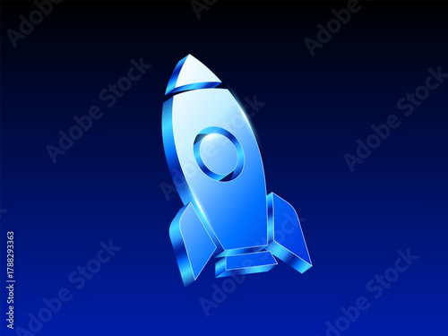A glossy blue 3D rocket icon on a dark gradient background, symbolizing innovation, startup launch, success, and futuristic technology. 3d vector illustration. Vector illustration