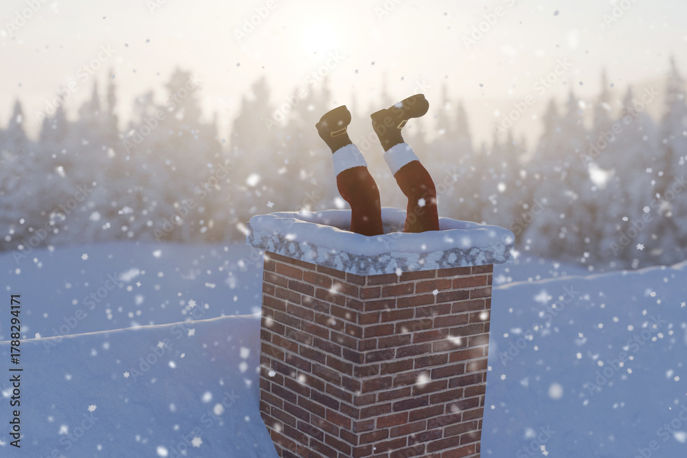 Naklejka premium Santa Claus stuck in a snow-covered chimney on a rooftop, with legs comically protruding, set against a bright snowy winter forest at sunset. Christmas magic time, creative idea