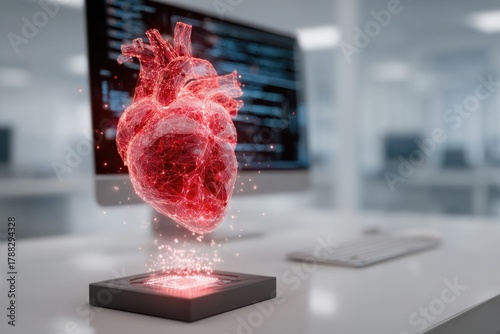 A hologram in the form of a heart. Modern technologies and innovations in the prevention and treatment of cardiovascular diseases. Medicine and healthcare. Selective focus.	