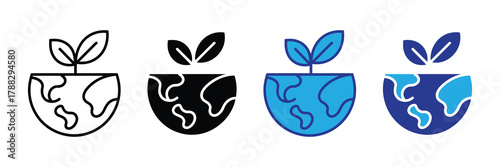 Set of icons representing earth with a plant growing from it, symbolizing environmental growth and sustainability