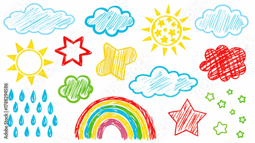 Cheerful hand-drawn weather elements featuring sun, clouds, stars, rainbow and rain, perfect for children's designs, educational materials, and vibrant illustrations