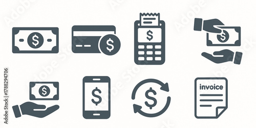 Payment and Transaction Icon Set with Cash, Credit Card, and Mobile Banking Symbols