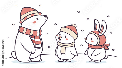 Cartoon polar bear penguin and rabbit wearing hats and scarves in a snowy winter scene illustration
