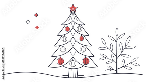 A christmas tree with ornaments and a star on top alongside a bare tree and diamond shapes in the air