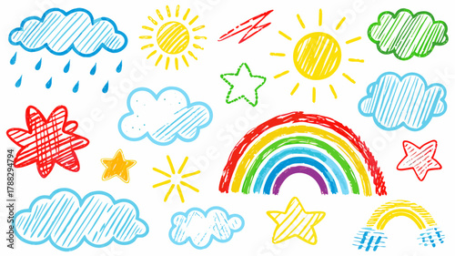 Colorful children's drawing of weather elements with sun, clouds, rainbow, and stars evokes a cheerful, playful, and imaginative mood for youthful designs