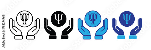 Psychology symbol psi in hands icon, representing mental health care and support