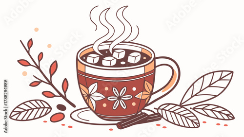 Illustration of a steaming mug filled with marshmallows surrounded by autumn foliage and spices