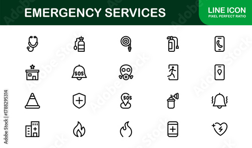Emergency Services Glyph Icon Set. Minimal and Professional icons for first aid, rescue, and safety
