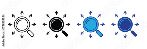 Collection of four magnifying glass icons with arrows radiating outwards, representing search and discovery