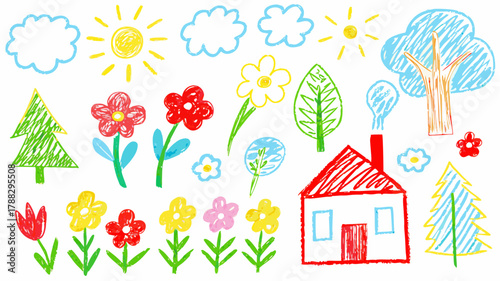 Whimsical childlike drawing of a sunny day with happy flowers, cozy home, and playful trees, perfect for adding a touch of joyful innocence to any design