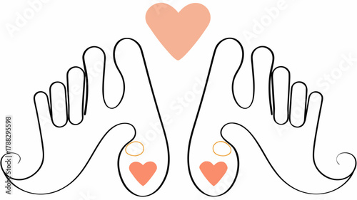 Charming line art celebrating love and commitment with hands forming hearts, accented by wedding rings symbolizing unity and devotion in a minimalist style