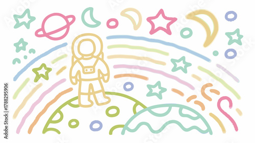 Dreamy astronaut exploring colorful planets and stars, whimsical space adventure in pastel hues, perfect for children's designs and playful projects