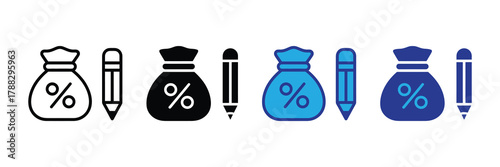 Collection of money bag icons with percentage symbol and pencil icons in different styles and colors