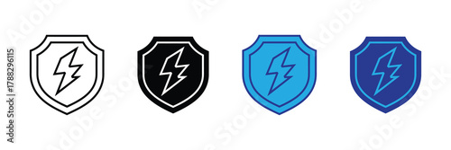 Set of four shields with lightning bolt icons in different styles and colors