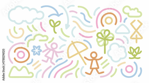 Delightful whimsical vector art illustration featuring cheerful children, clouds, rainbows, and nature elements conveying carefree joy and positive vibes