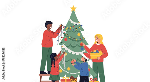 Happy diverse family decorating a christmas tree together with ornaments and lights for the holidays