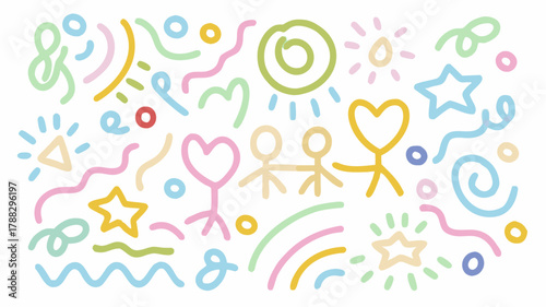 Celebrate love and friendship with this cheerful doodle art, perfect for children's designs, heartfelt cards, and whimsical illustrations with a playful feel