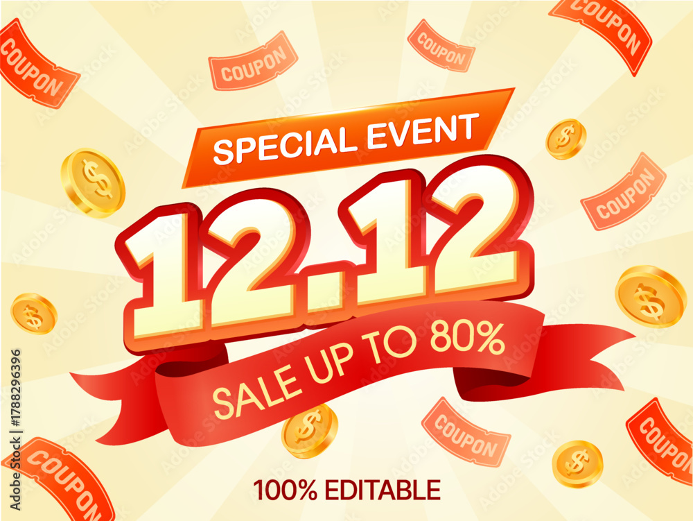 Obraz premium Bright 12.12 super sale event banner, featuring bold yellow numbers, December 12 Sale text, flying coupon tickets, sparkling stars, and a bright blue rays background. 3d vector. Vector illustration