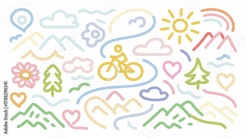 Whimsical outdoor adventure featuring cyclist, mountains, sun, and nature, perfect for travel blogs, eco-friendly projects, and children's designs