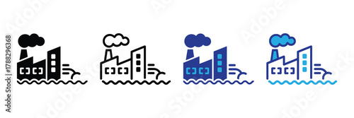 Factory icon with smoke coming out of chimney and water pollution effect, industrial pollution concept