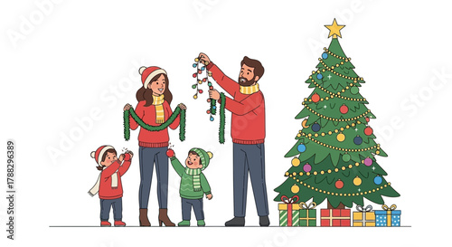 Happy family decorating a christmas tree with ornaments and lights surrounded by gifts celebrating the festive holiday season together