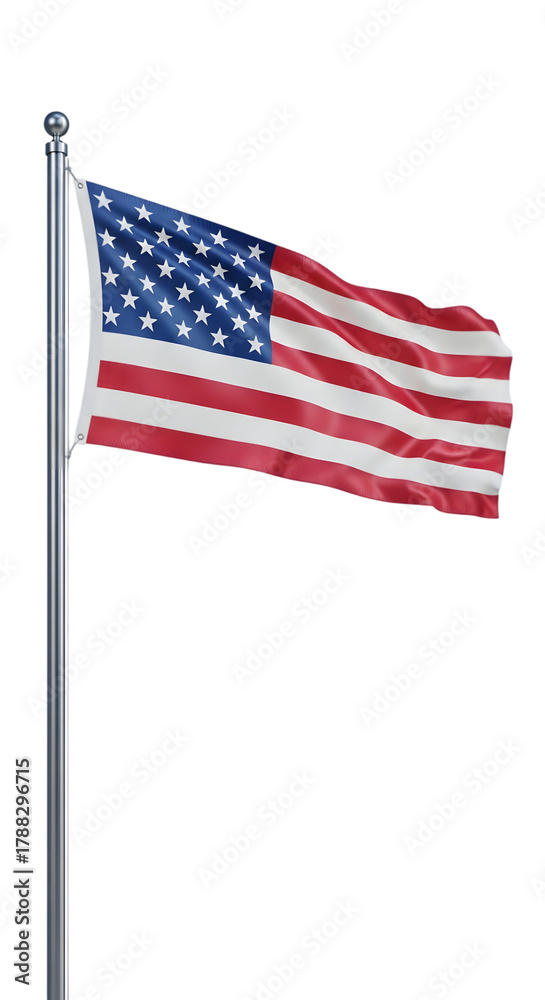Obraz premium American flag waving in the wind on a silver flagpole against a white background.