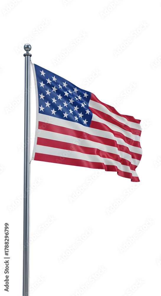 Obraz premium American flag waving on a flagpole against a white background.