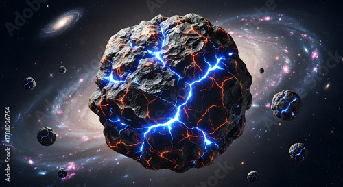 Celestial Stone: A close-up view of an asteroid or meteoroid, its surface intricately etched with a network of glowing lines amidst the backdrop of a vibrant galaxy.