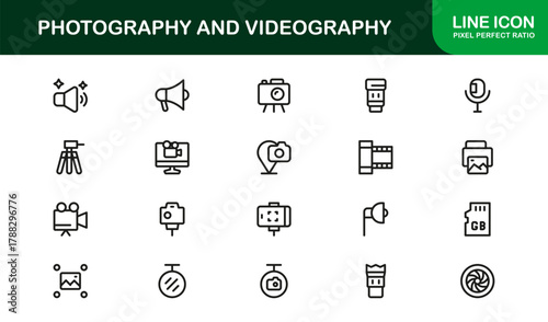 Photography and Videography Flat Icon Set. Creative and Modern icons for cameras, videos, and media tools
