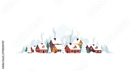Cozy winter village with snow covered houses and smoking chimneys nestled among snow laden pine trees and mountains
