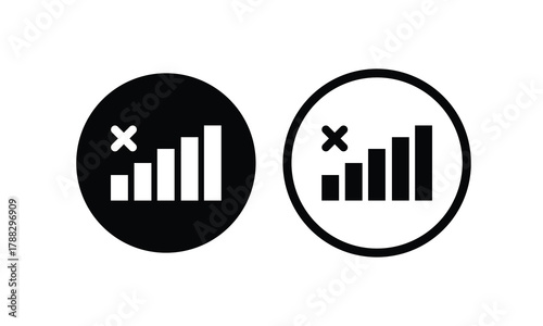 Black and white no signal icon showing a crossed-out bar graph symbol. Minimalist connectivity error design representing weak or lost network, data issue, or offline communication problem.