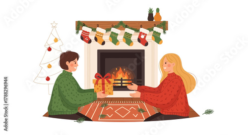 Young couple exchanging a christmas gift by a warm fireplace with stockings and a decorated tree