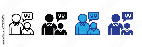 Two people icons with a speech bubble containing the number 99, representing a notification or message count