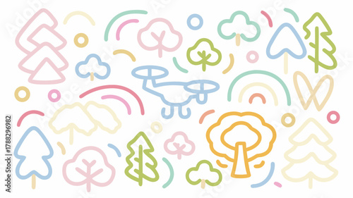 Whimsical forest adventure with playful trees and a cute drone, perfect for children's designs, storybooks, or creative projects requiring a lighthearted touch