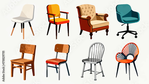 A collection of chairs and stools, featuring cartoon hand-drawn vector illustrations, including leather chairs, wooden chairs, gaming chairs, fabric chairs, lounge chairs, high stools, and bamboo chai