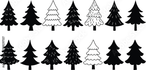 Stylized pine tree icon set, decorative silhouette illustration, seasonal forest symbol, black vector design, cad sketch for holiday themes
