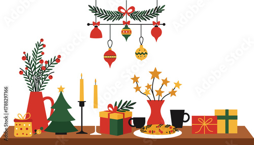 Christmas table decoration illustration, festive holiday elements, gift boxes, candles, ornaments, Santa face, seasonal vector design, cad sketch style