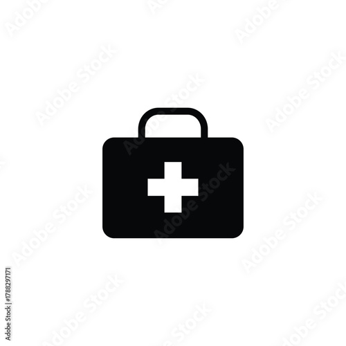 Black medical first aid kit icon with a white cross in the center on a plain white background. Minimalist healthcare symbol for emergency, hospital, and medical service design concepts.