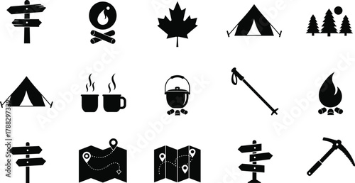 Camping and hiking icon set, tent, campfire, coffee mug, map, outdoor gear, black silhouette vector, cad drawing flat design
