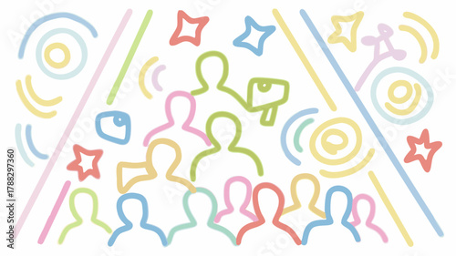 Vibrant abstract crowd illustration with megaphone, stars, and circles perfect for social media campaigns or community engagement projects