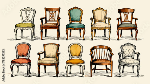A collection of chairs and stools, featuring cartoon hand-drawn vector illustrations, including leather chairs, wooden chairs, gaming chairs, fabric chairs, lounge chairs, high stools, and bamboo chai