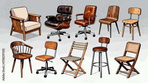 A collection of chairs and stools, featuring cartoon hand-drawn vector illustrations, including leather chairs, wooden chairs, gaming chairs, fabric chairs, lounge chairs, high stools, and bamboo chai