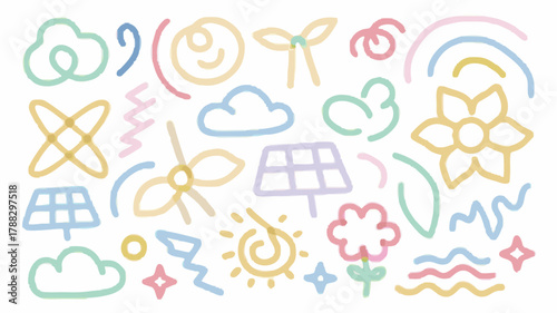 Whimsical eco-friendly doodles with solar panels, windmills, clouds, and flowers create a lighthearted and optimistic vibe for sustainable living concepts