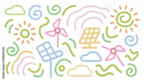 Whimsical doodle art of renewable energy sources creating a positive, eco-friendly vibe for sustainable living and a cleaner environment