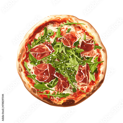 Vector illustration of a rustic pizza with rukola and prosciutto isolated on a white background