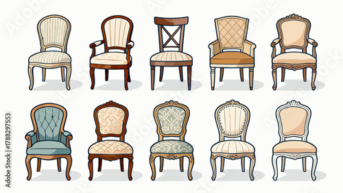 A collection of chairs and stools, featuring cartoon hand-drawn vector illustrations, including leather chairs, wooden chairs, gaming chairs, fabric chairs, lounge chairs, high stools, and bamboo chai