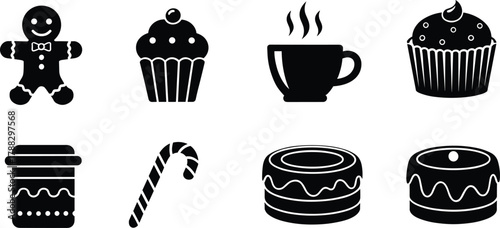 Holiday dessert icon set, gingerbread man, cupcake, coffee cup, candy cane, donut, cake illustration, black and white vector design