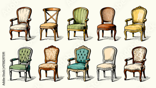 A collection of chairs and stools, featuring cartoon hand-drawn vector illustrations, including leather chairs, wooden chairs, gaming chairs, fabric chairs, lounge chairs, high stools, and bamboo chai