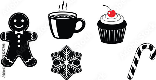 holiday, Christmas, festive, gingerbread, man, hot, beverage, mug, cupcake, cookie, snowflake, candy, cane, sweet, dessert, icon, illustration, vector, design, symbol